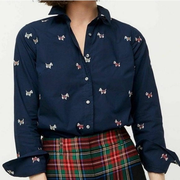 NWT J.crew Navy Blue Perfect Shirt with Embroidered Scottie Dogs Slim Fit 14 - Picture 1 of 10